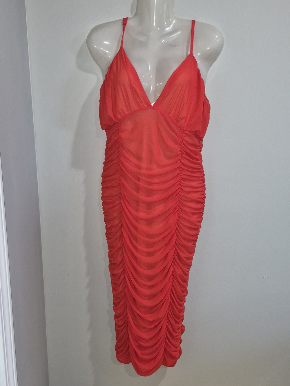 Fashion Nova Red Ruched Midi Slip Dress